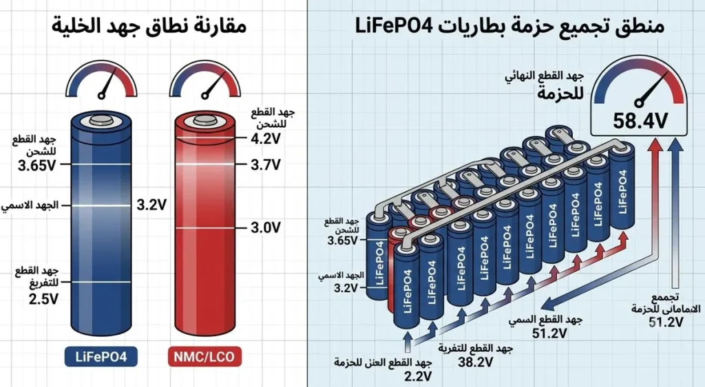 رسم توضيحي يوضح جهود إيقاف الشحن لخلايا LiFePO₄ الفردية وأنظمة البطاريات متعددة الخلايا المتصلة على التوالي.