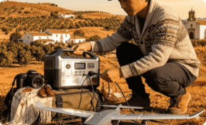 Hombre cargando un dron y una cámara con una centralita eléctrica portátil en el campo