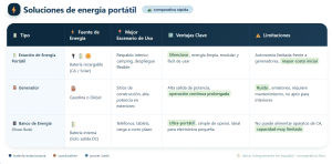 Tabla comparativa de soluciones de energía portátil que muestra las diferencias en fuente de energía y uso entre estaciones de energía, generadores y bancos de energía.