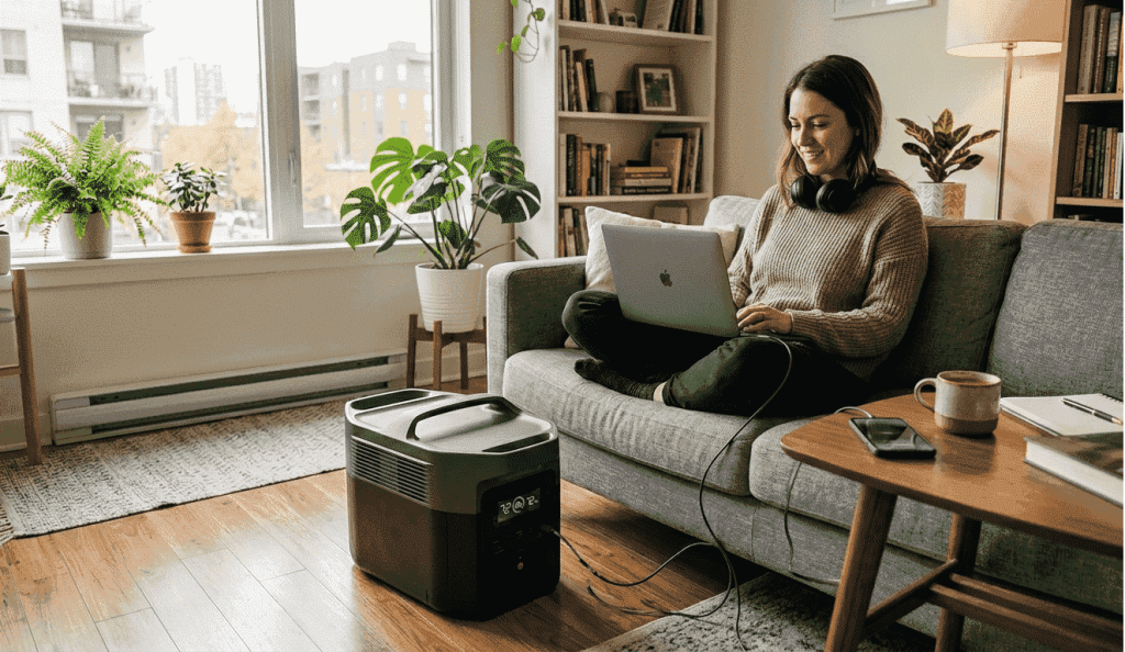 Mujer trabajando en un apartamento usando una laptop conectada a una estación de energía portátil segura para interiores durante un apagón.