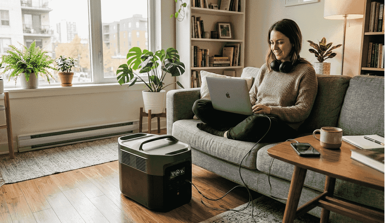 Mujer trabajando en un apartamento usando una laptop conectada a una estación de energía portátil segura para interiores durante un apagón.