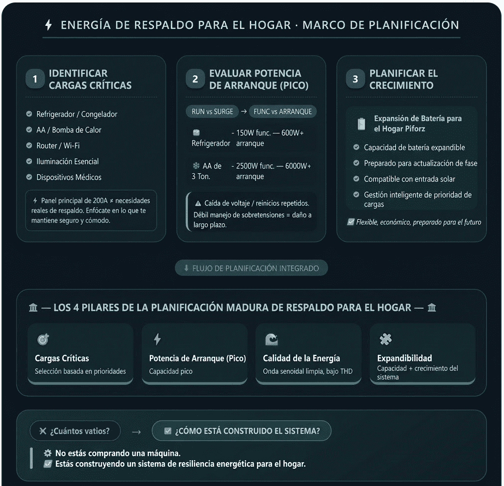 Infografía del marco de planificación Piforz: identificación de cargas críticas, evaluación de picos de arranque y expansión de batería.