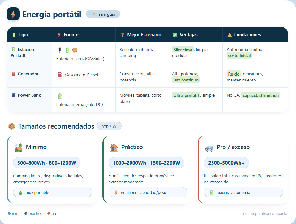 Infografía de guía de tamaños para energía portátil, categorizada en niveles mínimo, práctico y profesional con recomendaciones de capacidad en Wh y potencia en W.