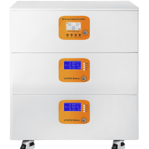 Inversor solar híbrido Piforz de 11kW apilado sobre dos módulos de batería de litio LiFePO4, formando un sistema de 30.72kWh.