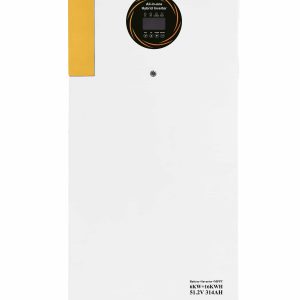 Diseño frontal minimalista del inversor solar híbrido Piforz con pantalla LCD de monitoreo y ruedas giratorias en la base.