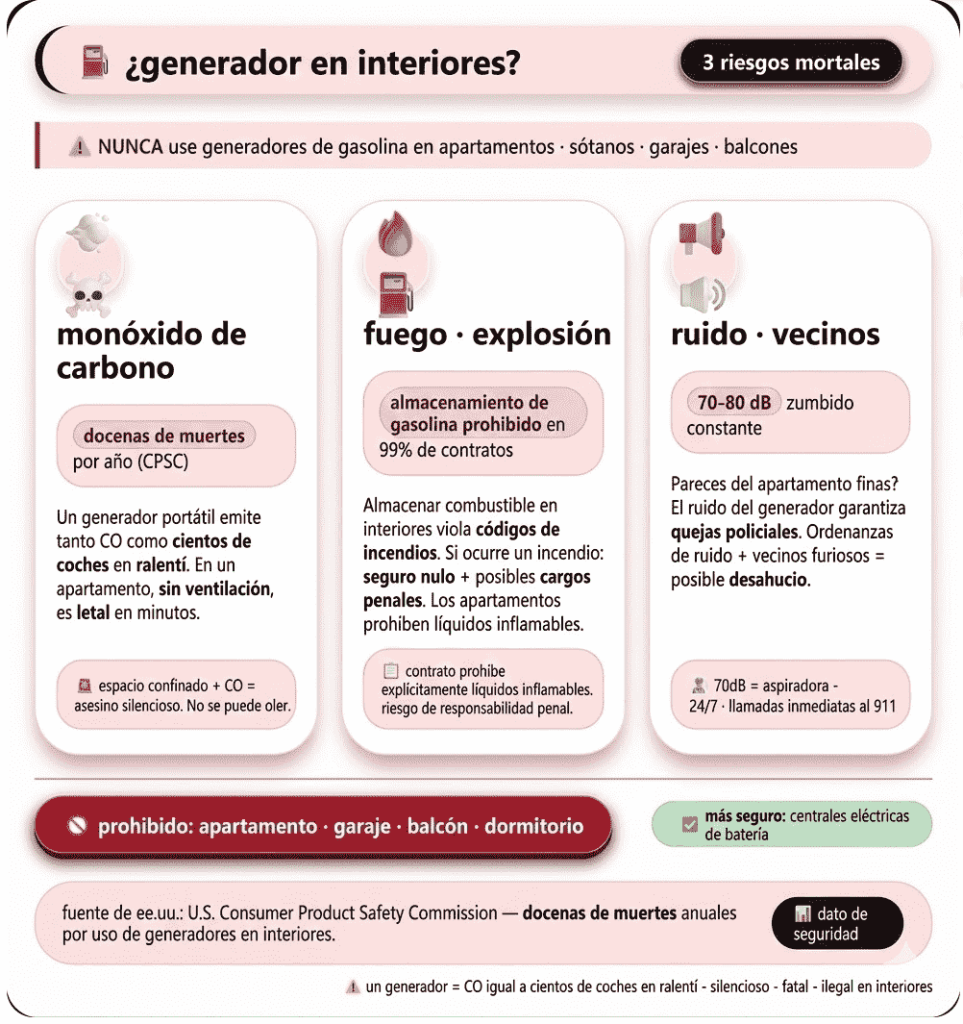 Infografía que detalla los 3 riesgos mortales de los generadores en interiores: intoxicación por monóxido de carbono, explosión por combustible y ruido molesto.