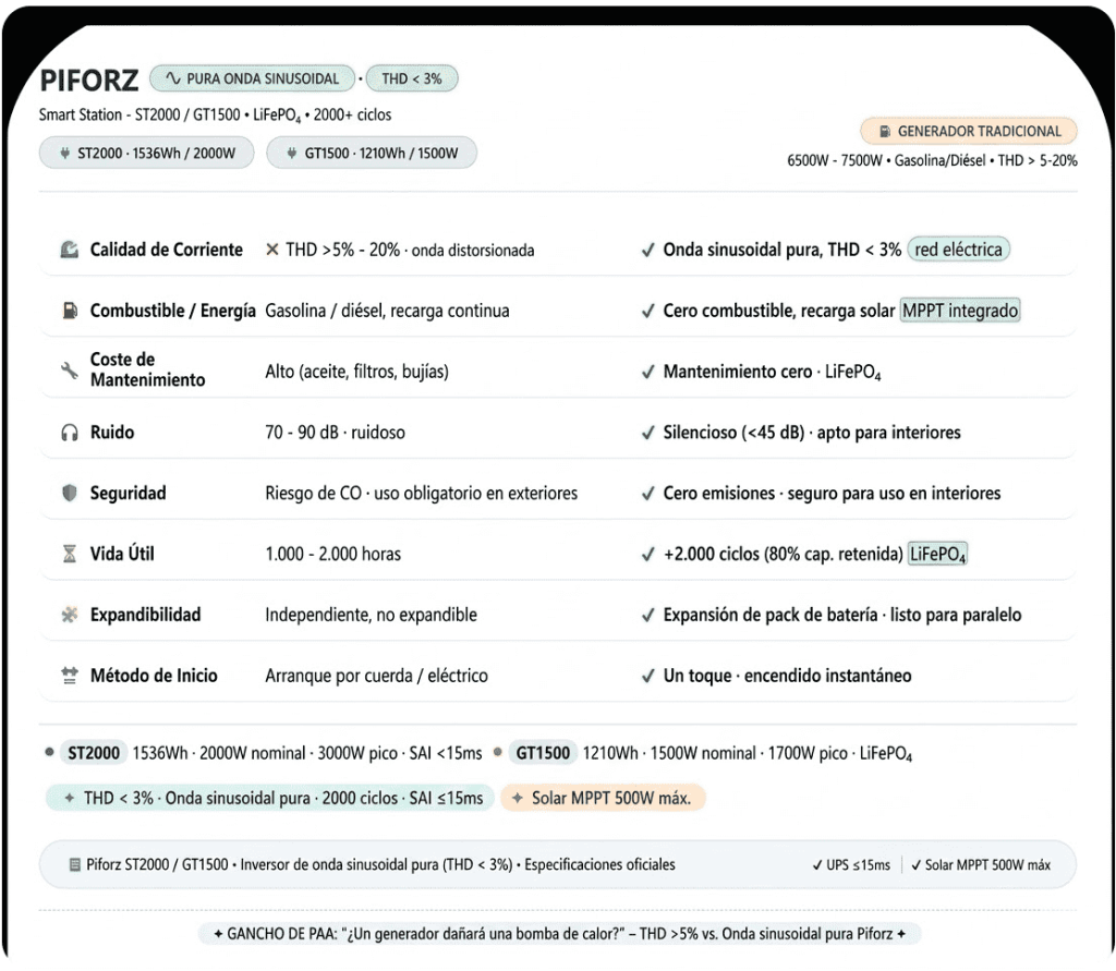 Infografía del marco de planificación Piforz: identificación de cargas críticas, evaluación de picos de arranque y expansión de batería.