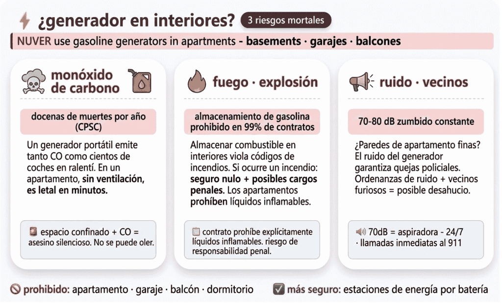 Gráfico de advertencia sobre la prohibición de generadores en sótanos y balcones, recomendando las centrales eléctricas de batería como la alternativa segura.