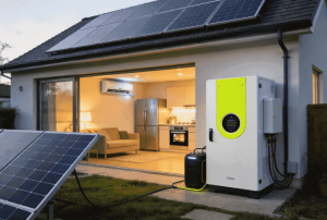 Instalación de paneles solares conectada a una estación de energía de gran capacidad Piforz alimentando una casa moderna con aire acondicionado y electrodomésticos.