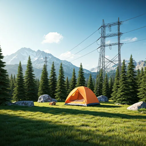 Tienda de campaña naranja en un bosque de pinos frente a montañas nevadas, ideal para energía portátil Piforz.