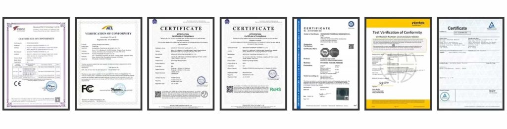 Galería de certificaciones internacionales de Piforz, incluyendo CE, FCC, RoHS y TUV para estaciones de energía.
