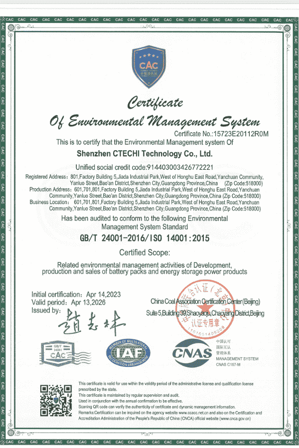 Certificado ISO 14001 de sistema de gestión ambiental para la producción de almacenamiento de energía limpia de Piforz.