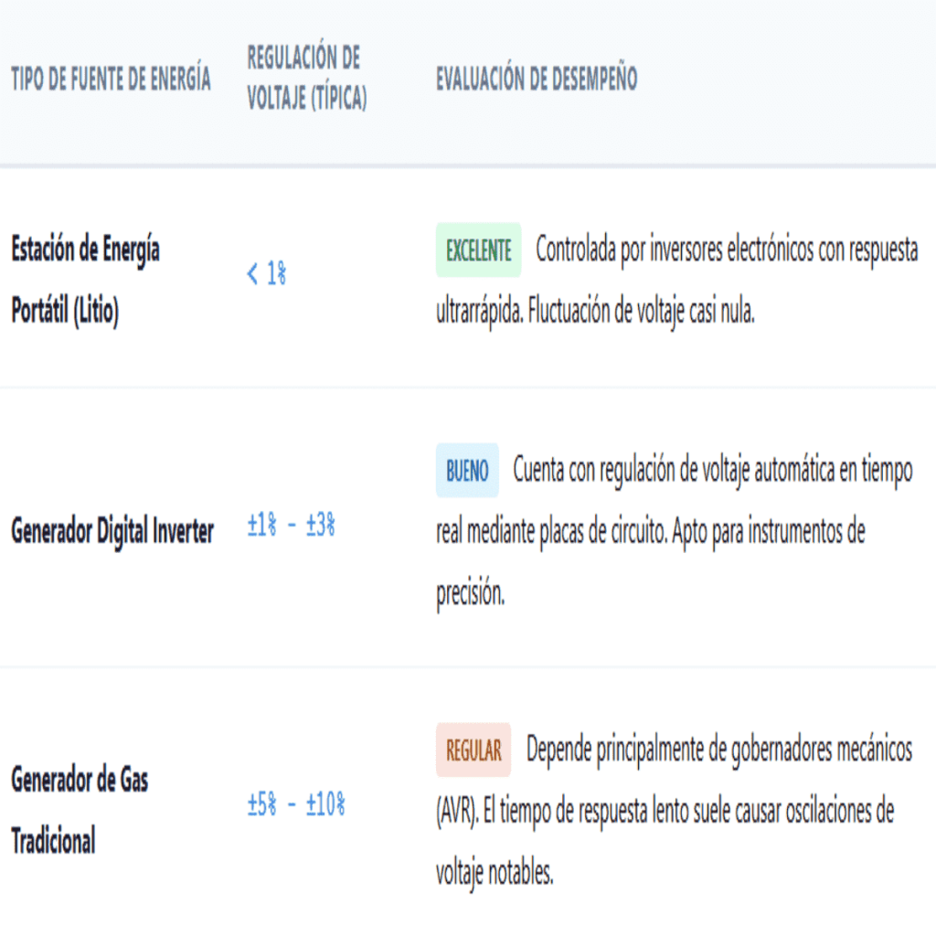 Tabla comparativa de regulación de voltaje entre estaciones de energía de litio, inversores digitales y generadores de gas.
