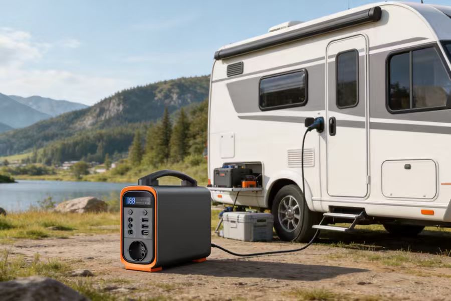 Una estación de energía portátil Piforz suministrando electricidad a una caravana blanca en un camping frente al lago.