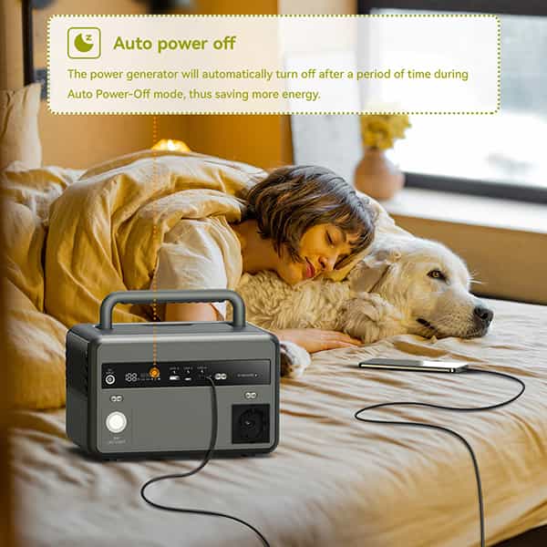 Estación de energía Piforz en un dormitorio con función de apagado automático para ahorro de energía.