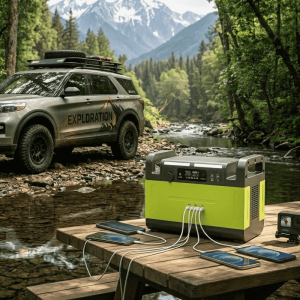 Estación de energía portátil cargando múltiples teléfonos y una cámara junto a un río en la montaña.