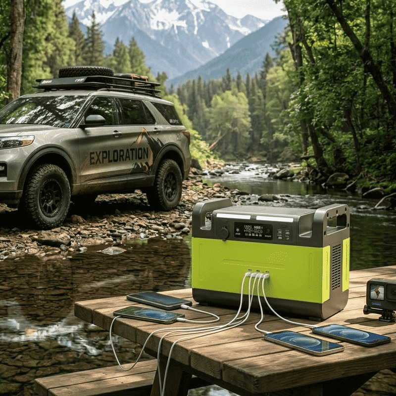 Estación de energía portátil cargando múltiples teléfonos y una cámara junto a un río en la montaña.