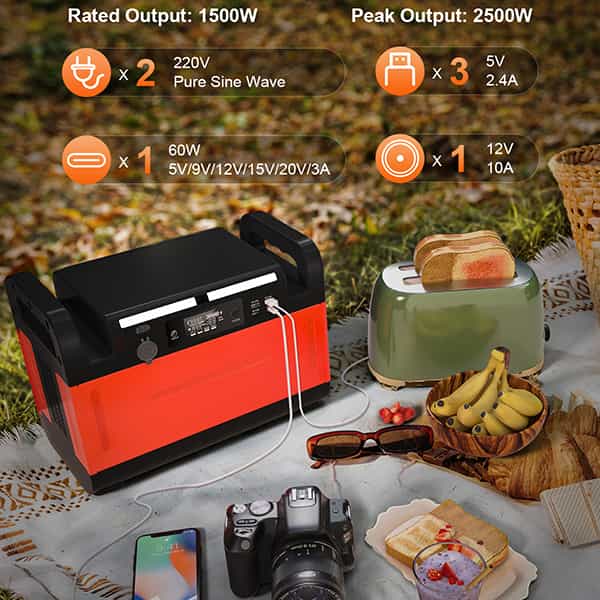 Estación de energía portátil Piforz de 1500W alimentando una tostadora y cámara durante un picnic al aire libre.