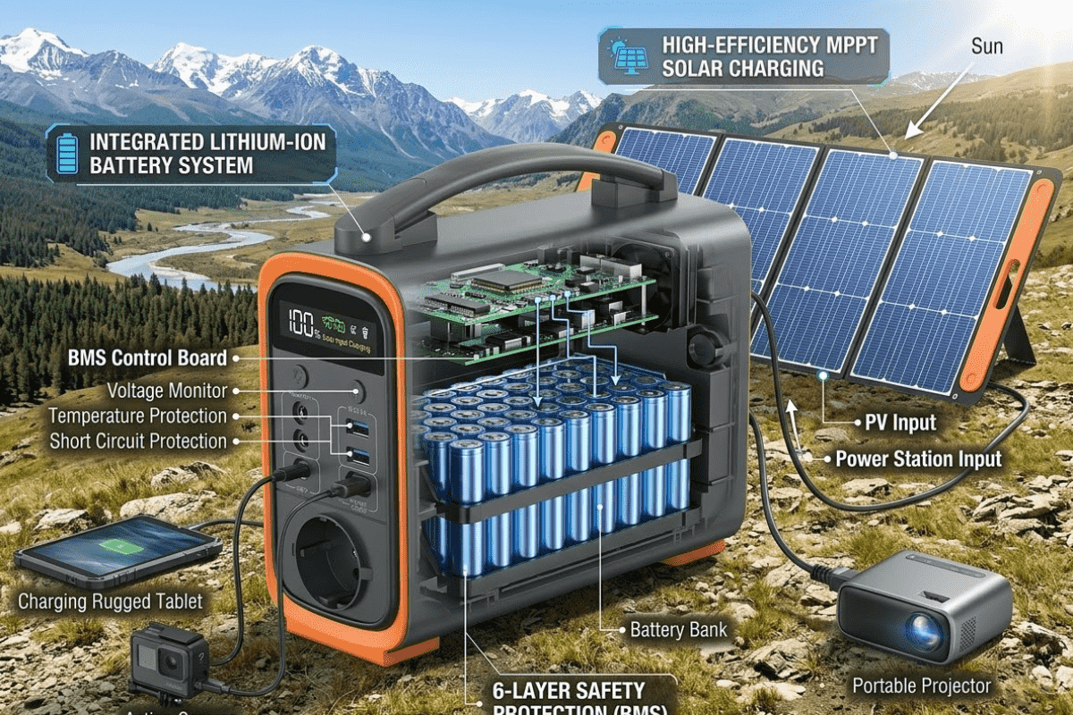 Estación de energía solar portátil con panel solar cargando dispositivos en exteriores