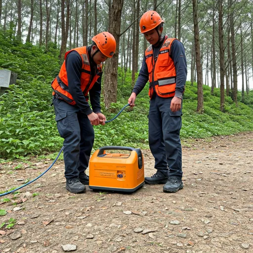 Trabajadores con cascos usando una estación de energía portátil Piforz en un entorno forestal.