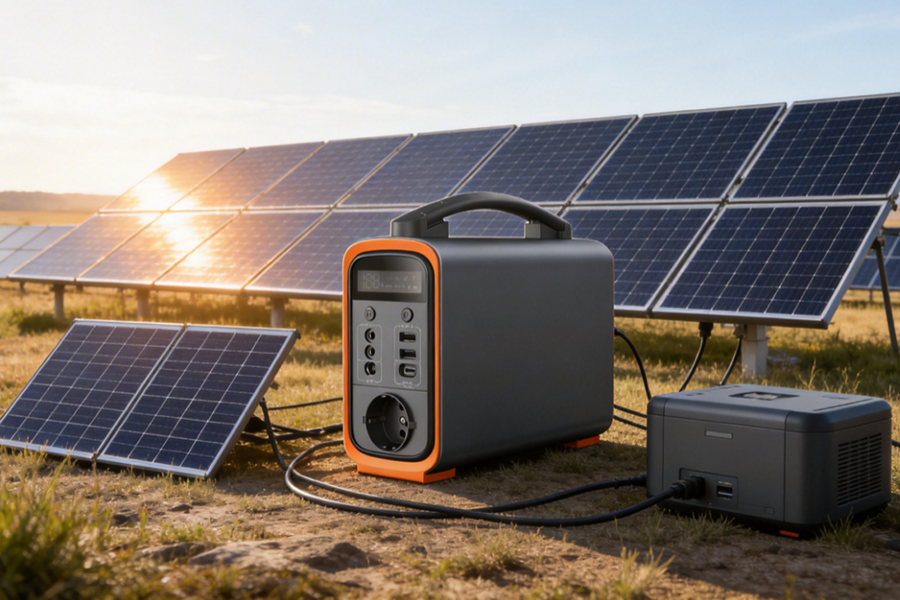 Generador solar portátil Piforz cargándose con paneles solares en un entorno exterior para energía renovable.