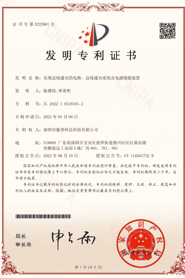 Certificado de patente para sistemas de comunicación y almacenamiento de energía desarrollados por Piforz.