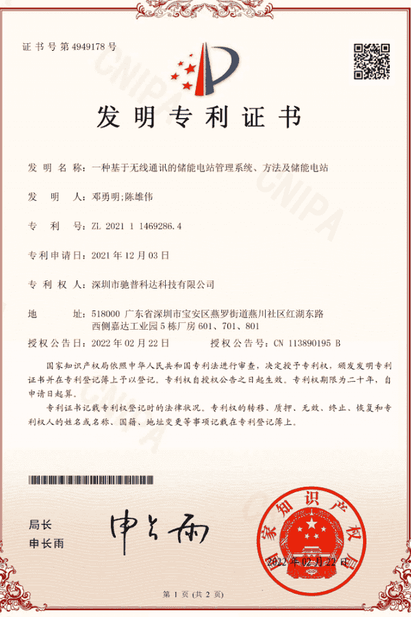 Certificado de patente de sistema de gestión de estaciones de energía basada en comunicación inalámbrica.