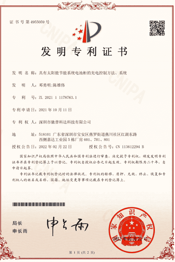 Certificado de patente de invención de Piforz para tecnología de control de carga de energía solar.