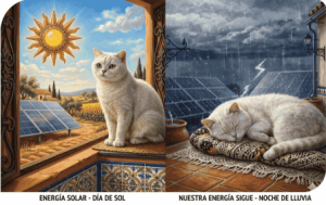 Comparación de generación de energía solar de Piforz en día soleado frente a noche lluviosa, ilustrando la intermitencia.