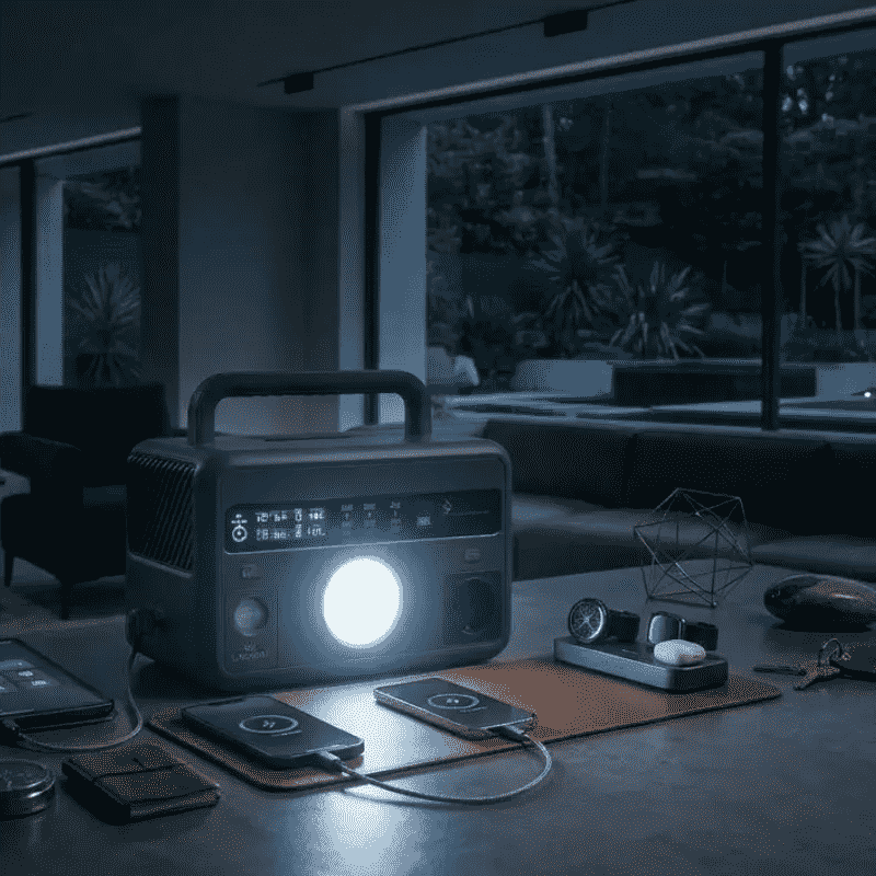 Modelo PF300 con panel digital y luz LED frontal encendida para iluminación de emergencia.