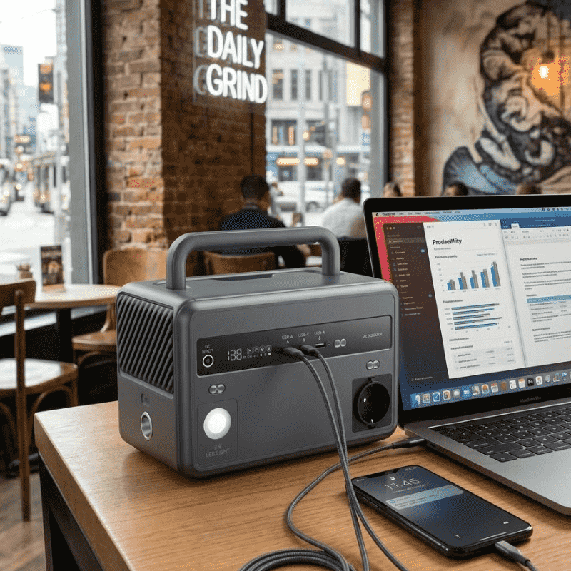 Modelo PF300 alimentando una laptop y un teléfono en una mesa de café para teletrabajo.
