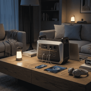 Estación de energía cargando un teléfono, una tableta y lámparas LED durante un corte de luz en la sala.