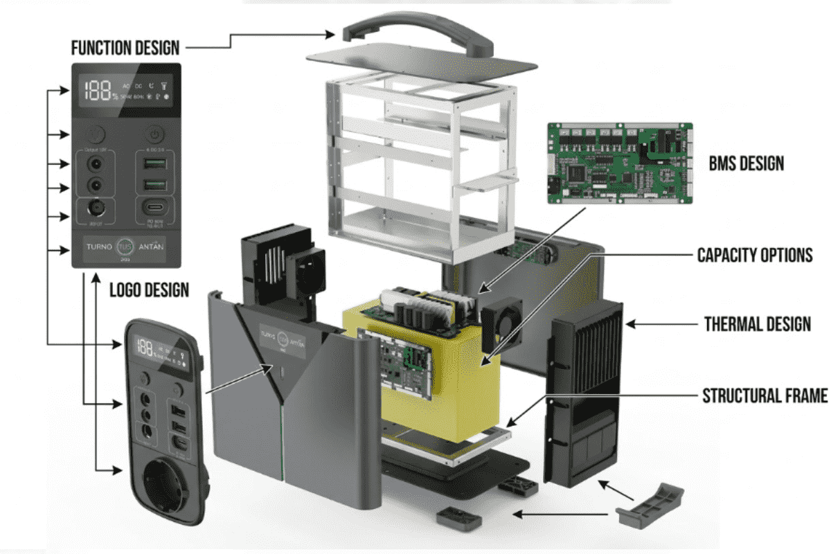 Explosión de componentes de una estación de energía portátil para servicios OEM y ODM.
