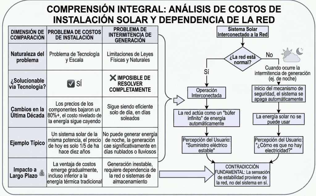 Infografía sobre la dependencia de la red eléctrica y la necesidad de almacenamiento para la independencia energética.