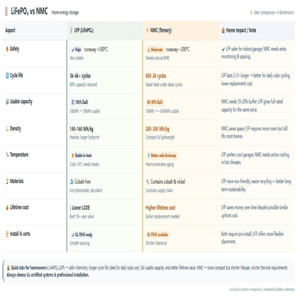 Infografía comparativa de baterías LiFePO4 y NMC mostrando seguridad, ciclos de vida y capacidad utilizable.
