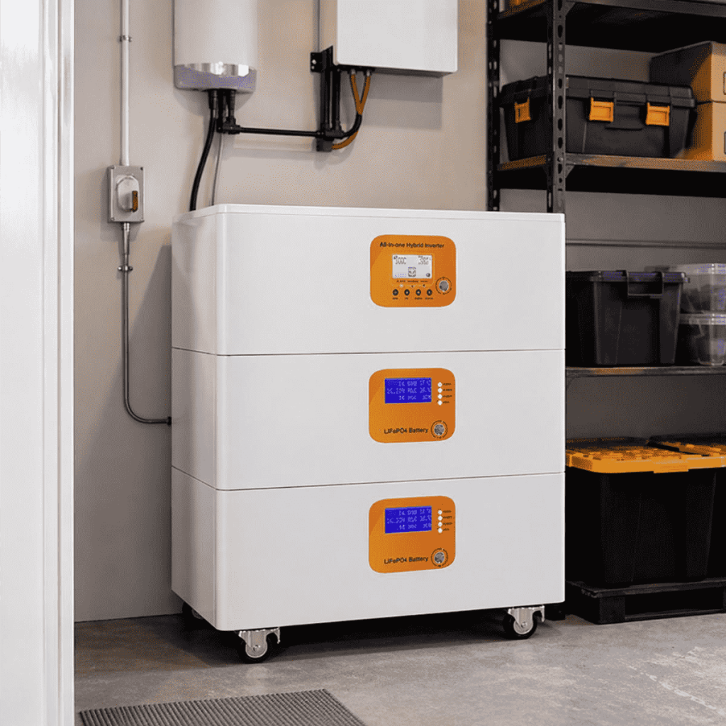 Un sistema de almacenamiento de energía en baterías con un diseño moderno instalado en una sala de almacenamiento limpia. Esta configuración BESS proporciona energía de respaldo esencial para el hogar y gestión energética, mostrando una aplicación práctica del almacenamiento residencial para usuarios que buscan seguridad energética y un uso optimizado de la energía solar en un entorno interior compacto.