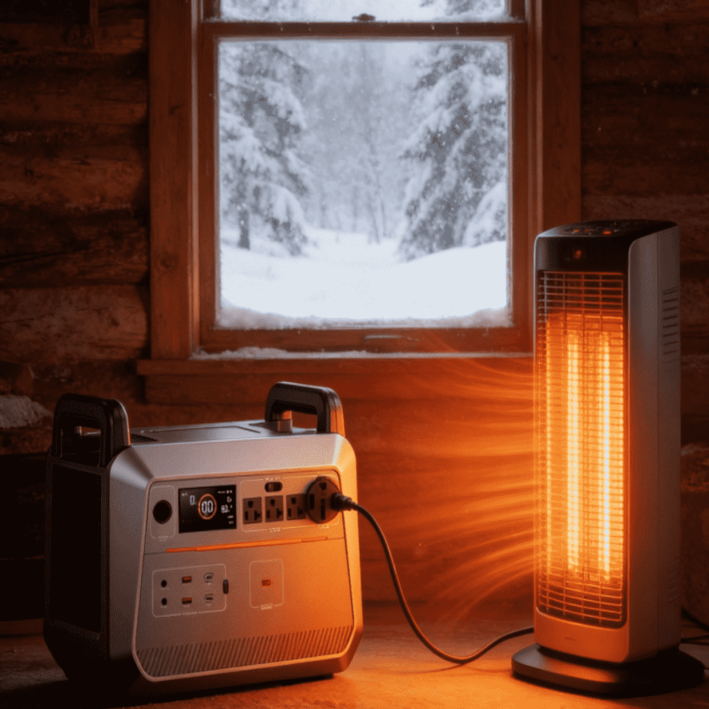 Una estación de energía portátil conectada a un calefactor eléctrico encendido en una casa durante el invierno.
