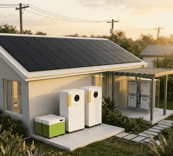 Un sistema de almacenamiento de batería de litio apilable PIFORZ de 10kWh instalado en un salón moderno, con una pantalla de gestión energética inteligente en la pared.