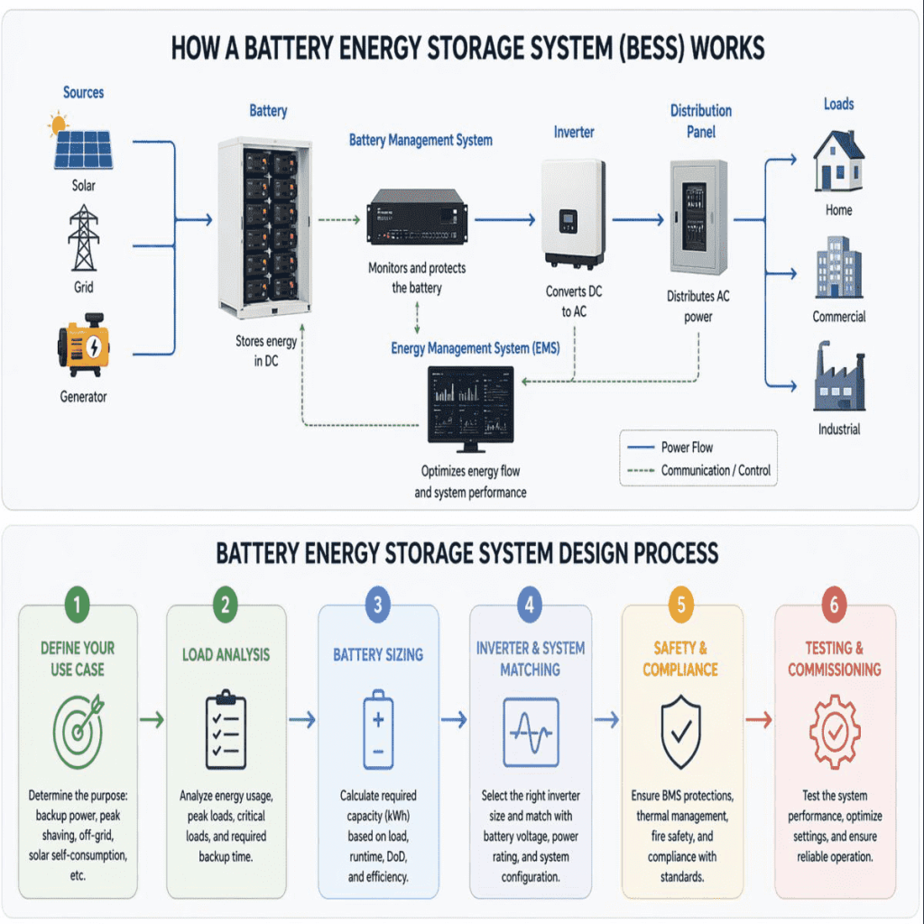 Infografía detallada que explica cómo funciona un sistema BESS y los seis pasos clave del proceso de diseño: definición de uso, análisis de carga, dimensionamiento de batería, emparejamiento de inversor, seguridad y comisionamiento. Incluye iconos de paneles solares, red eléctrica y cargas industriales.