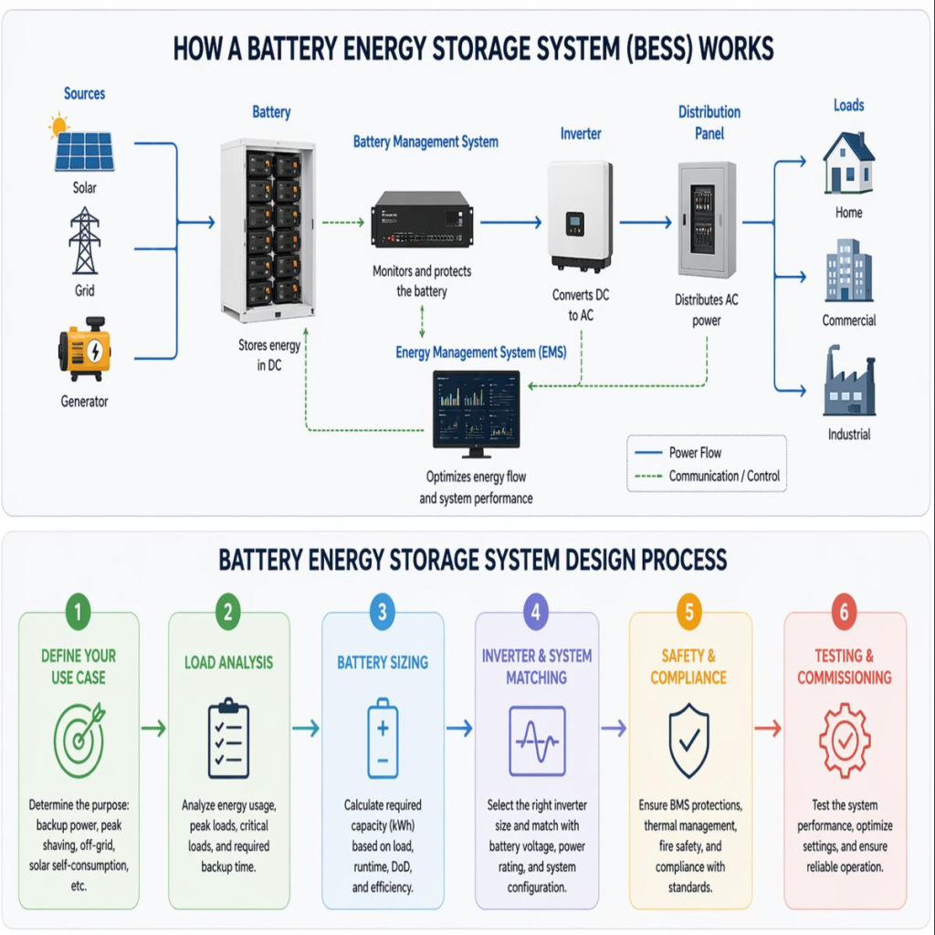 Infografía detallada que explica cómo funciona un sistema BESS y los seis pasos clave del proceso de diseño: definición de uso, análisis de carga, dimensionamiento de batería, emparejamiento de inversor, seguridad y comisionamiento. Incluye iconos de paneles solares, red eléctrica y cargas industriales.