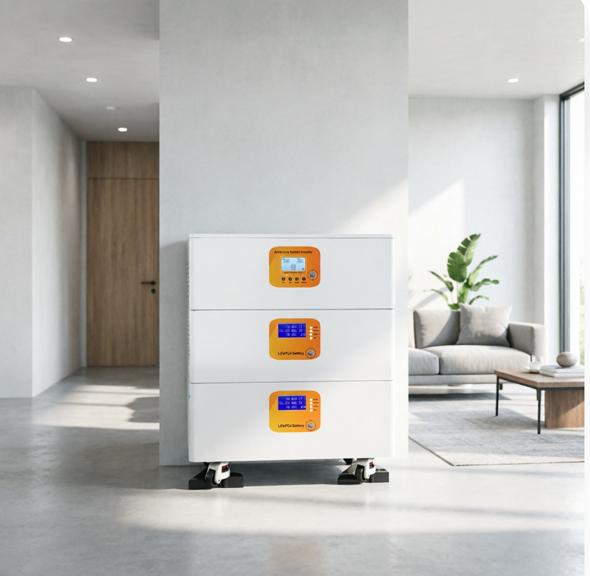 Un sistema de almacenamiento de batería LiFePO4 apilable de 10 kW instalado en una sala de estar moderna.