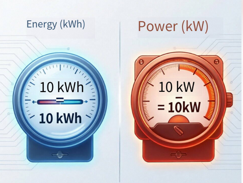 Ilustración que compara la capacidad de energía de 10 kWh con la salida de potencia de 10 kW utilizando medidores de esfera.