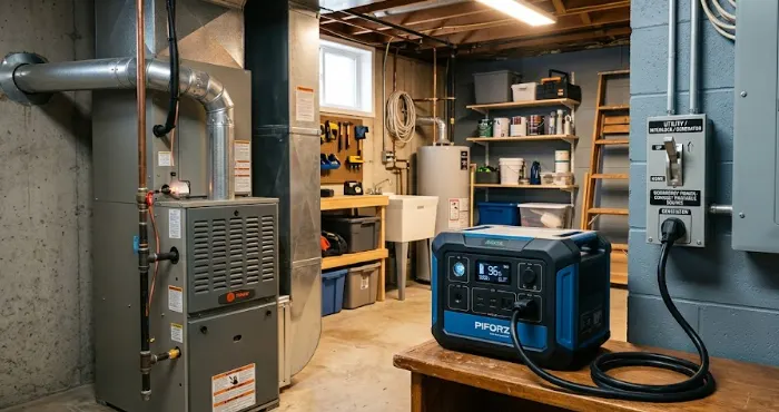 Conexión segura de una batería portátil Piforz a una caldera de gas de 600W en el sótano, mostrando el cable de extensión y el panel de conmutación manual para cortes de luz.
