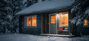 Casa iluminada en noche nevada a -18°C con batería de fosfato de hierro y litio de 12V 100Ah e inversor de onda sinusoidal pura para alimentar la caldera y el refrigerador durante 58 horas.