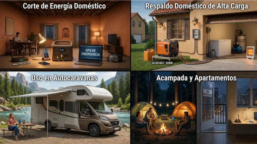 Infografía de cuatro escenarios de energía de respaldo: corte de energía doméstico, respaldo de alta carga, uso en autocaravanas, acampada y apartamentos