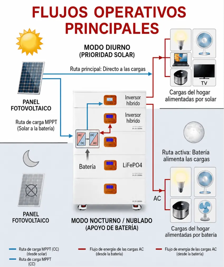 Diagrama del flujo operativo de un sistema solar aislado de 5 kW que muestra la prioridad solar durante el día y la descarga nocturna de la batería LiFePO4 mediante un inversor híbrido.