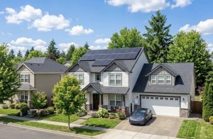 Una casa residencial moderna de dos plantas con un sistema solar monocristalino de 5 kW instalado en el tejado y un coche eléctrico gris aparcado en la entrada.