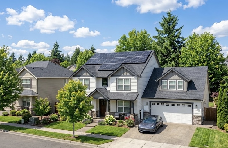 Una casa residencial moderna de dos plantas con un sistema solar monocristalino de 5 kW instalado en el tejado y un coche eléctrico gris aparcado en la entrada.