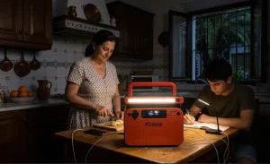 Familia utilizando una estación de energía portátil Piforz para iluminar la cocina y cargar un móvil mientras un joven estudia durante un corte de luz.