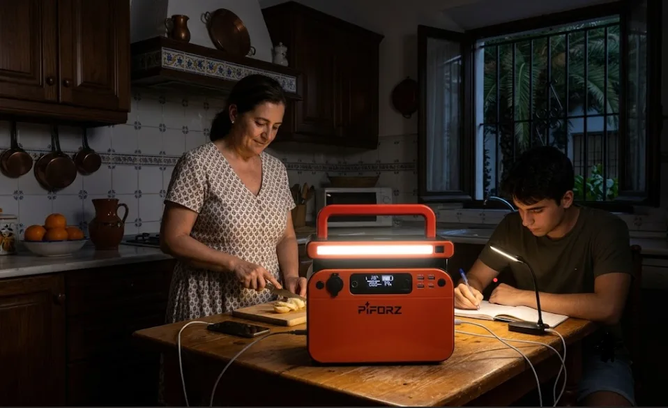 Familia utilizando una estación de energía portátil Piforz para iluminar la cocina y cargar un móvil mientras un joven estudia durante un corte de luz.